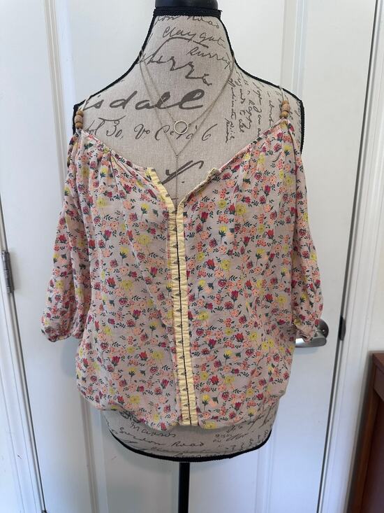 Tops - Scrapbook Women's sz M Blouse Spaghetti Strap Cutout Bubble Sleeve Floral Print